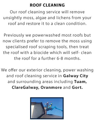 Roof Cleaning:

Our roof cleaning service will remove unsightly moss, algae and lichens from your roof and restore it to a clean condition.

Previously we powerwashed most roofs but now clients prefer to remove the moss using specialised roof scraping tools, then treat the roof with a biocide which will self- clean the roof for a further 6-8 months.

We offer our roof cleaning, soft-washing, wall and render cleaning, power washing for driveways and exterior cleaning service in Galway City and surrounding areas including Oranmore, ClareGalway, Gort and Tuam in Co. Galway.