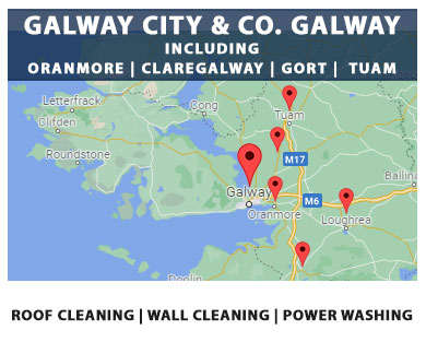 Rooney’s Roof Cleaning Service Area | Google Maps | We provide our exterior cleaning service, which includes roof cleaning, softwashing and wall and render cleaning, power washing of driveways and gutter cleaning in Galway City and surround areas including Oranmore, Claregalway, Gort and Tuam in Co. Galway. See our service areas on Google Maps.