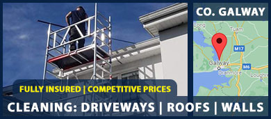 We offer our roof cleaning, power washing for driveways, gutter cleaning and softwashing for wall and render cleaning in Galway City and surrounding towns including Oranmore, Claregalway, Gort and Tuam in Co. Galway. Call us on 0852332736